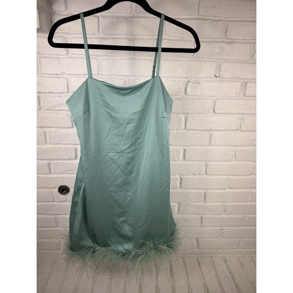 Allison & Kelly Dress Size S Sage Green Satin Feather Trim Y2K Mini Slip